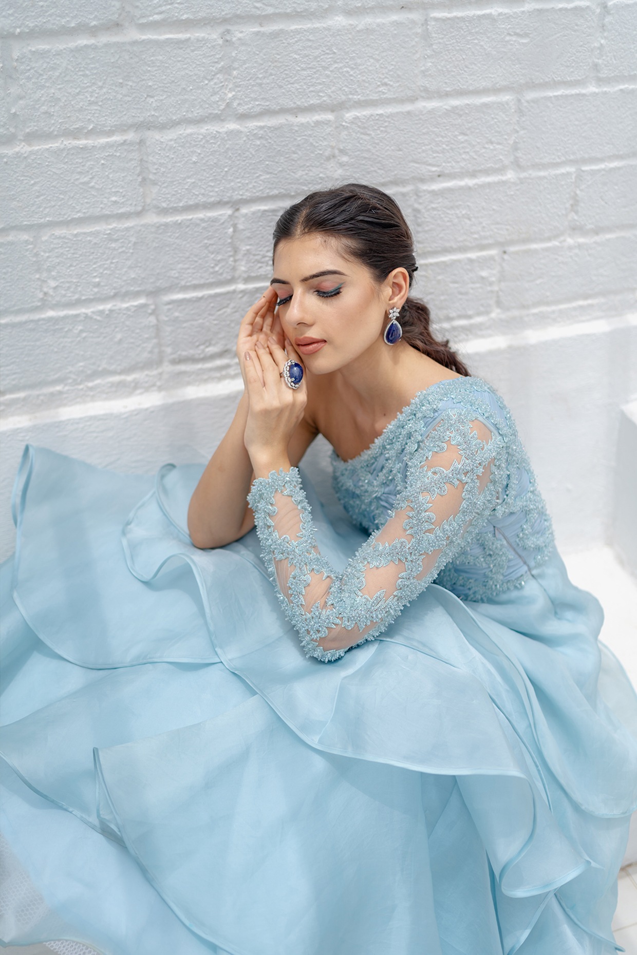 Ice Blue Satin Organza Crystal Embroidered One Shoulder Gown by