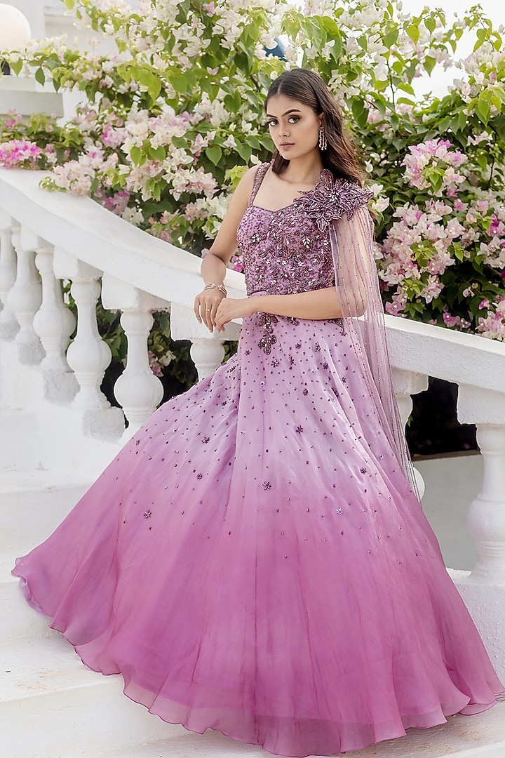 Purple Shaded Satin Organza Crystal Embroidered Gown by Vridhi Somaani