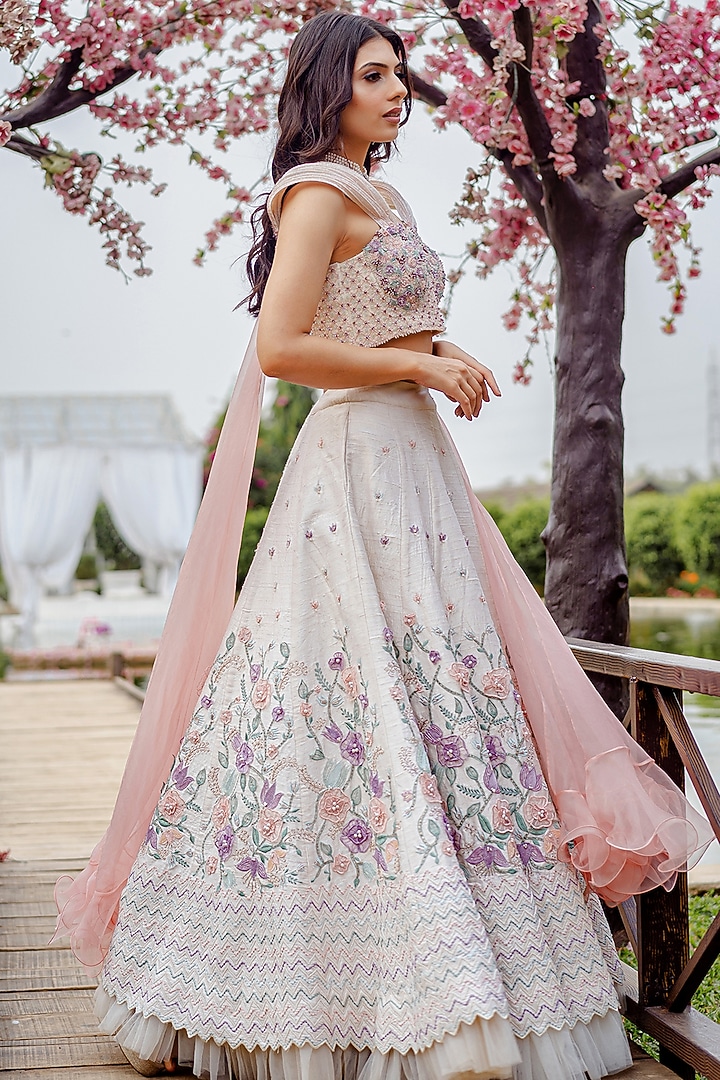 Ivory Raw Silk Pearl Hand Embroidered Wedding Lehenga Set by Vridhi Somaani at Pernia's Pop Up Shop
