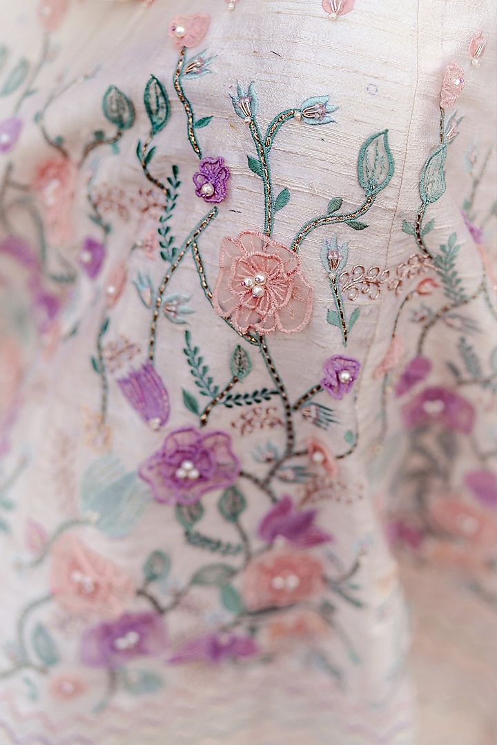 Ivory Raw Silk Pearl Hand Embroidered Wedding Lehenga Set by Vridhi Somaani at Pernia's Pop Up Shop