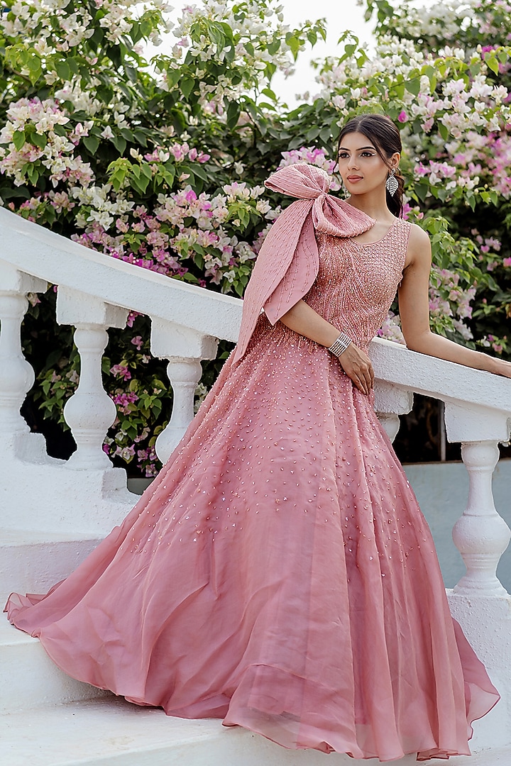 Pink Satin Organza Crystal Hand Embroidered Gown by Vridhi Somaani