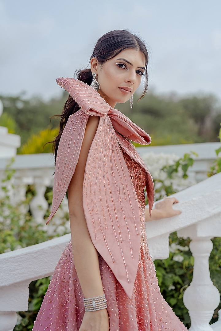 Pink Satin Organza Crystal Hand Embroidered Wedding Gown by Vridhi Somaani at Pernia's Pop Up Shop