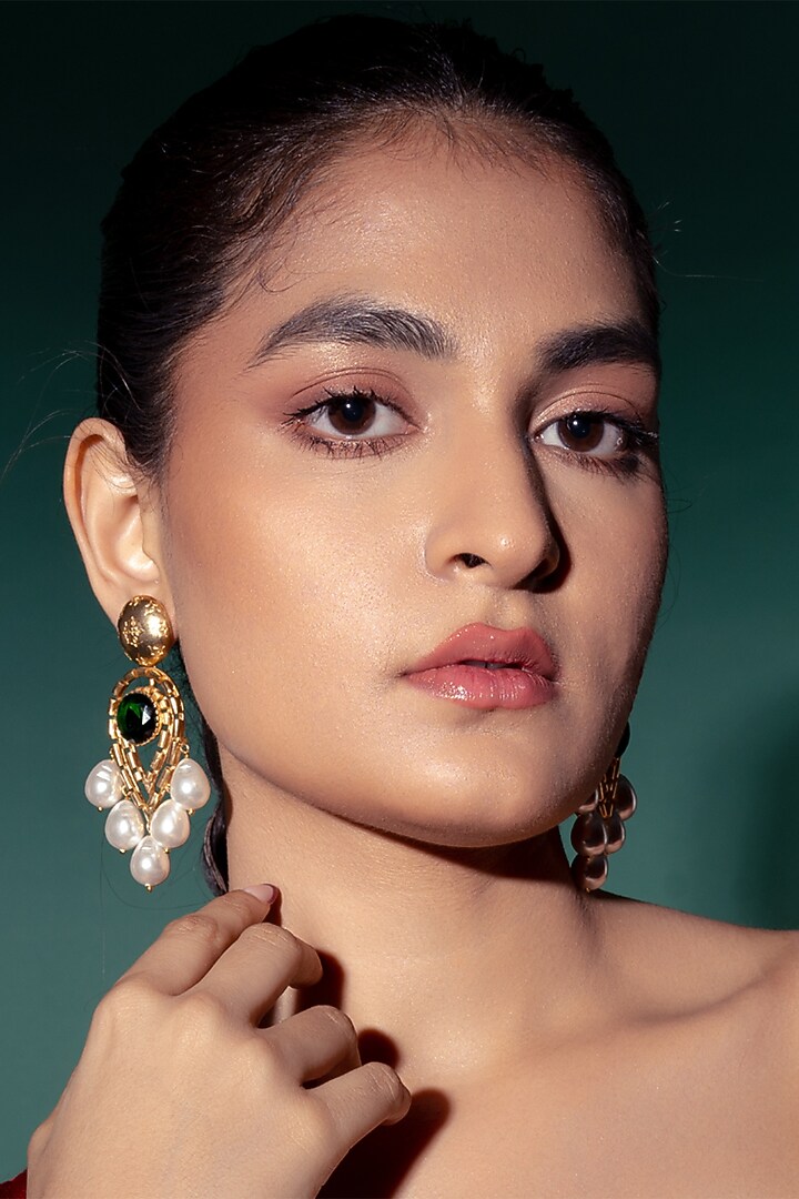 Gold Plated Pearl & Zircon Dangler Earrings by Virago Jewellery at Pernia's Pop Up Shop