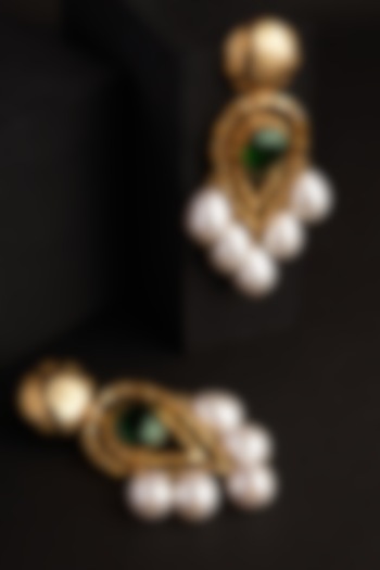 Gold Plated Pearl & Zircon Dangler Earrings by Virago Jewellery at Pernia's Pop Up Shop