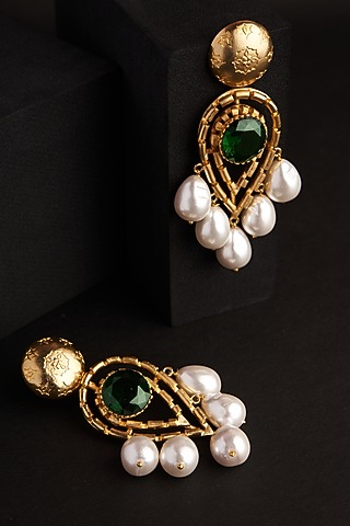 Gold Plated Pearl & Zircon Dangler Earrings by Virago Jewellery