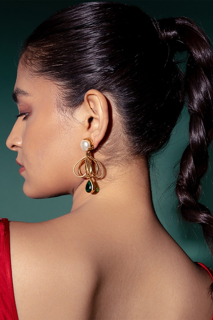 Gold Plated Pearl & Zircon Dangler Earrings by Virago Jewellery at Pernia's Pop Up Shop