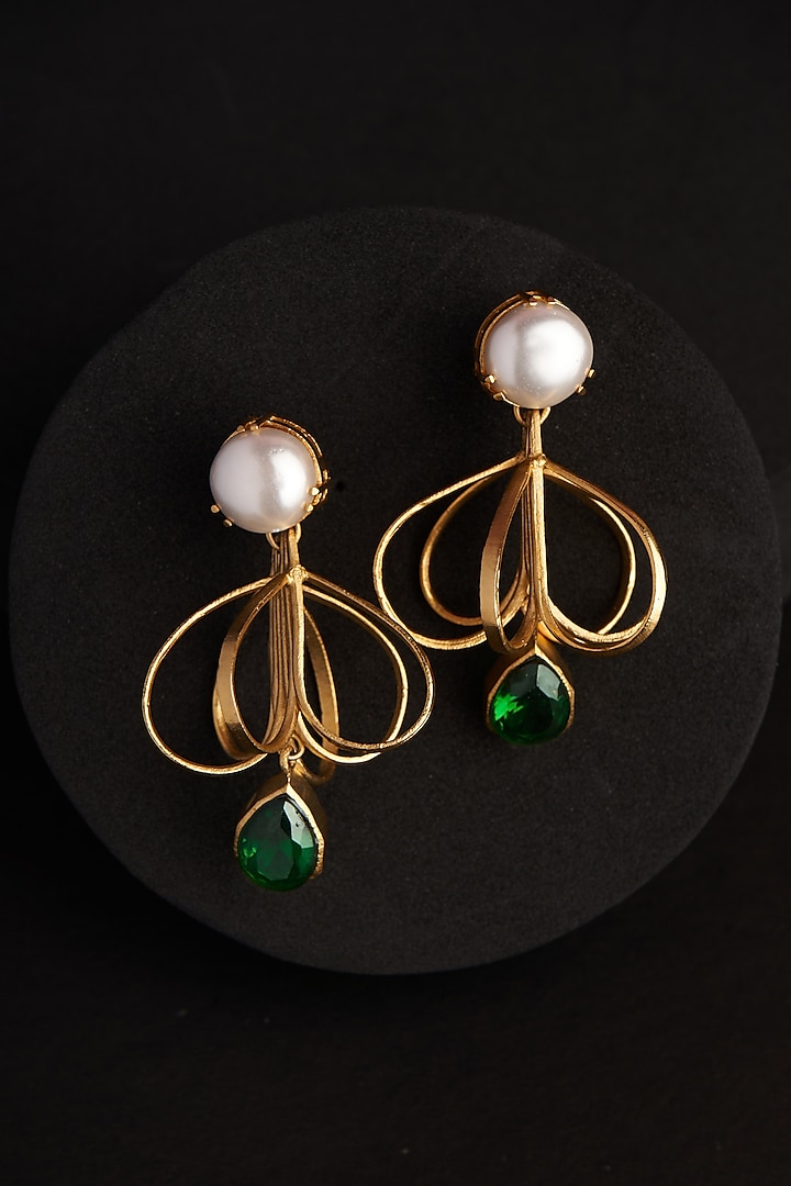 Gold Plated Pearl & Zircon Dangler Earrings by Virago Jewellery at Pernia's Pop Up Shop