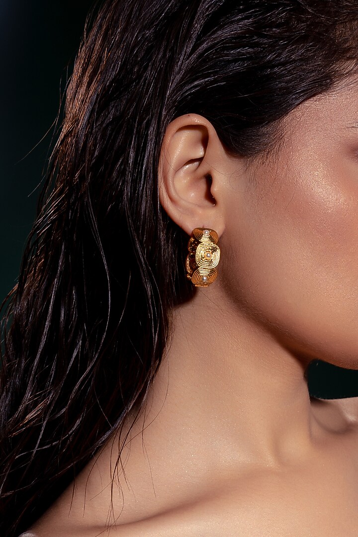 Gold Plated Pearl & Zircon Hoop Earrings by Virago Jewellery at Pernia's Pop Up Shop