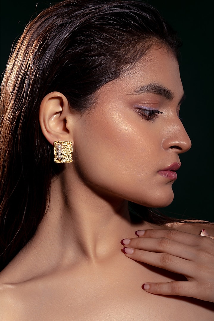 Gold Plated Pearl & Zircon Stud Earrings by Virago Jewellery