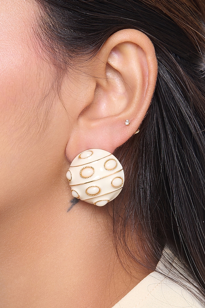 Gold Finish White Circle Stud Earrings by Virago Jewellery at Pernia's Pop Up Shop