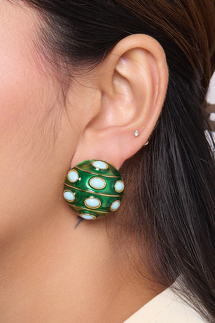 Gold Finish Green Circle Stud Earrings by Virago Jewellery at Pernia's Pop Up Shop