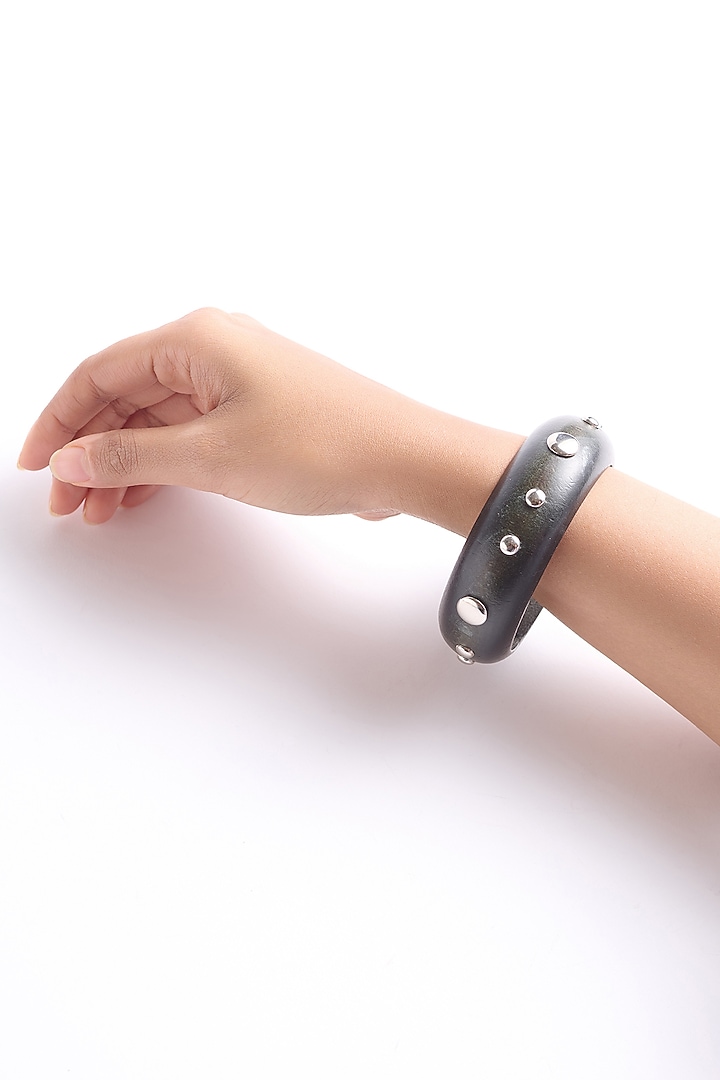 Silver Finish Black Wooden Handcrafted Bangle by Virago Jewellery at Pernia's Pop Up Shop