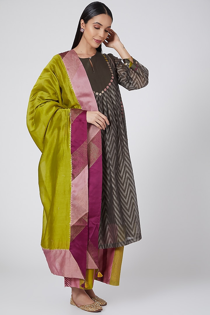 Lime Green Hand Blocked Dupatta by Charcoal by vineet rahul