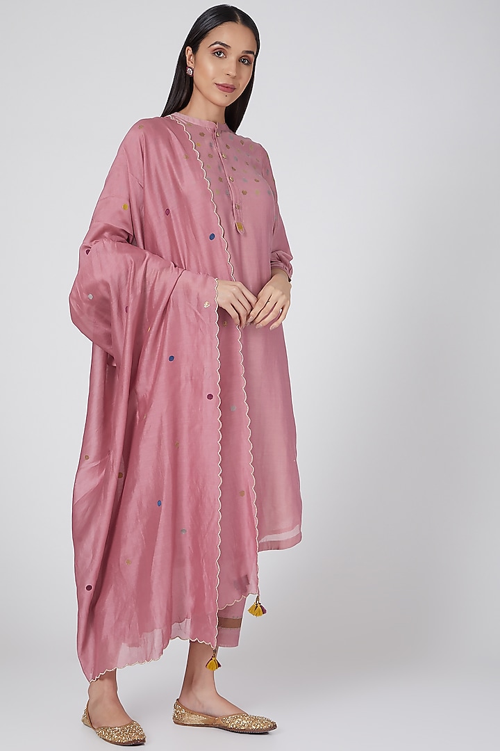 Pink Chikankari Embroidered Dupatta by Charcoal by vineet rahul