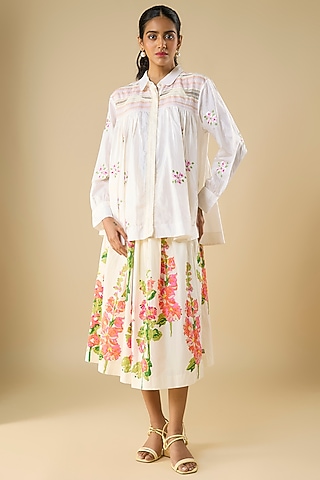 Ivory Cotton Printed Skirt by Vineet Rahul