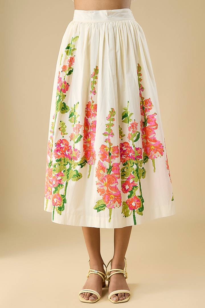Ivory Cotton Printed Skirt by Vineet Rahul at Pernia's Pop Up Shop