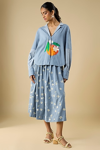 Blue Cotton Printed Skirt by Vineet Rahul