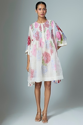 White Chanderi & Organza Midi Dress by Vineet Rahul