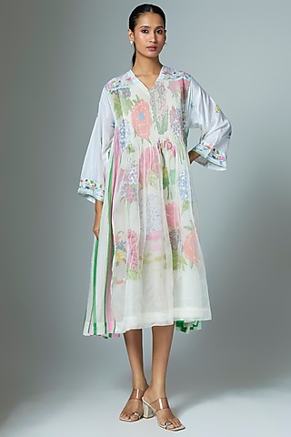 White Chanderi & Organza Midi Dress by Vineet Rahul