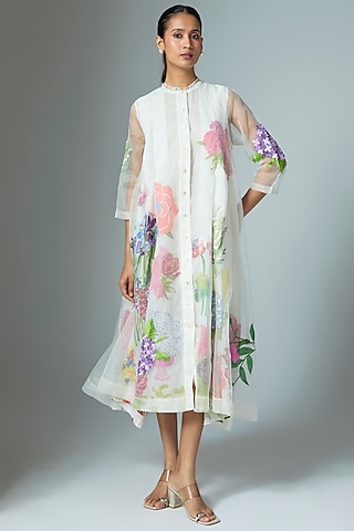 White Chanderi & Organza Midi Dress by Vineet Rahul