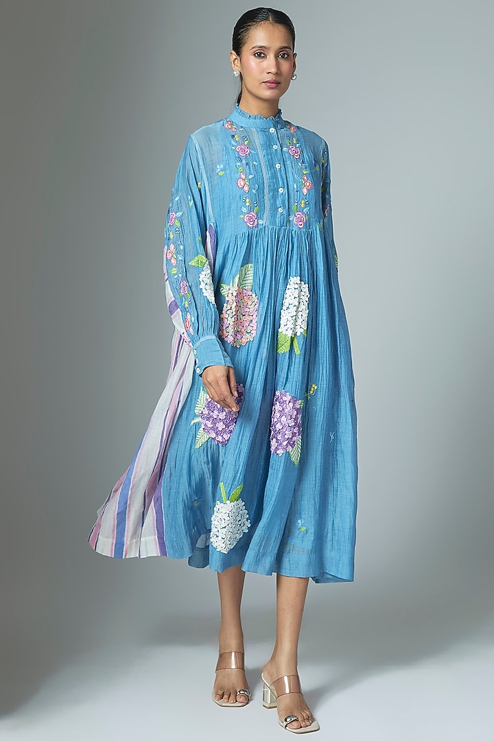 Blue Chanderi Midi Vacation Dress by Vineet Rahul at Pernia's Pop Up Shop