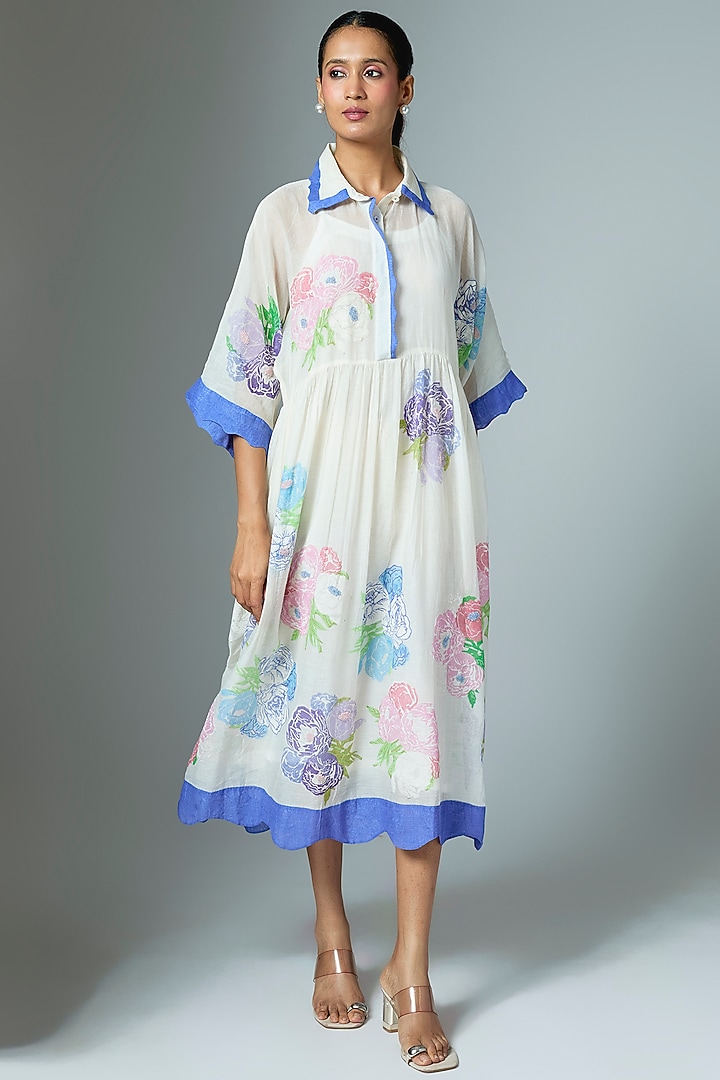 White Chanderi & Organza Midi Vacation Dress by Vineet Rahul at Pernia's Pop Up Shop
