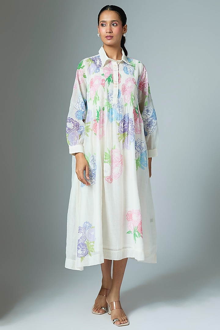 White Chanderi & Organza Midi Vacation Dress by Vineet Rahul at Pernia's Pop Up Shop