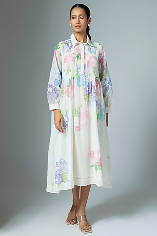 White Chanderi & Organza Midi Dress by Vineet Rahul
