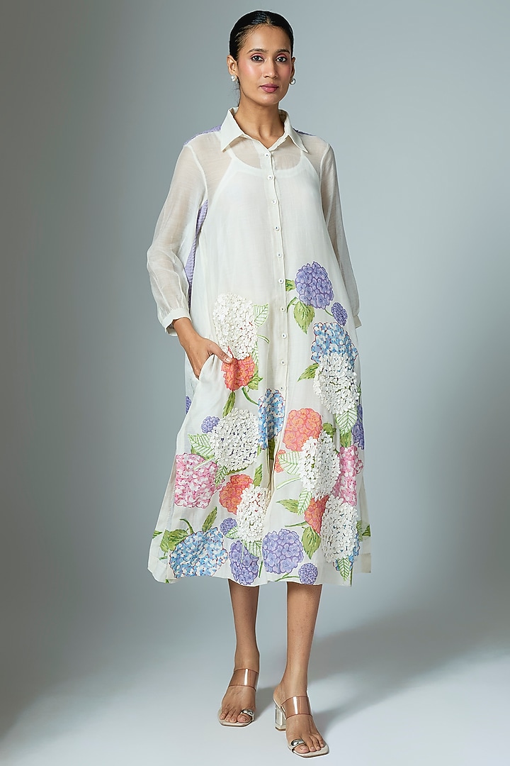 White Chanderi & Organza Midi Vacation Dress by Vineet Rahul at Pernia's Pop Up Shop