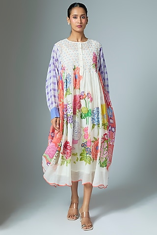 White Chanderi & Organza Midi Dress by Vineet Rahul