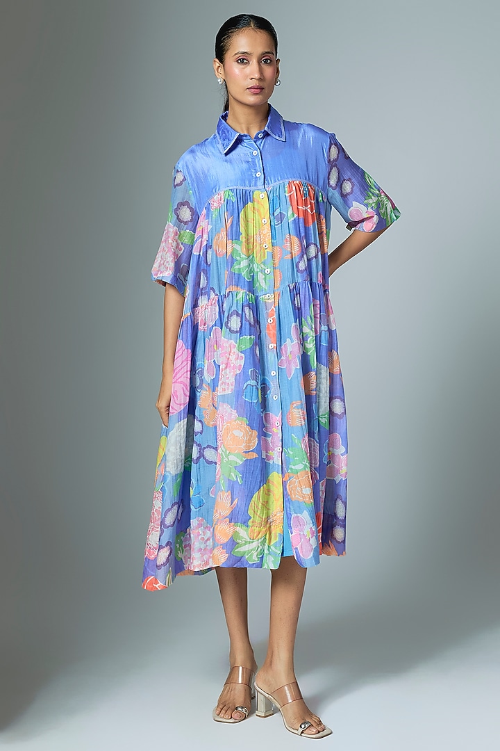 Blue Chanderi Midi Vacation Dress by Vineet Rahul at Pernia's Pop Up Shop