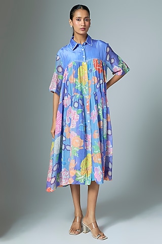 Blue Chanderi Midi Dress by Vineet Rahul