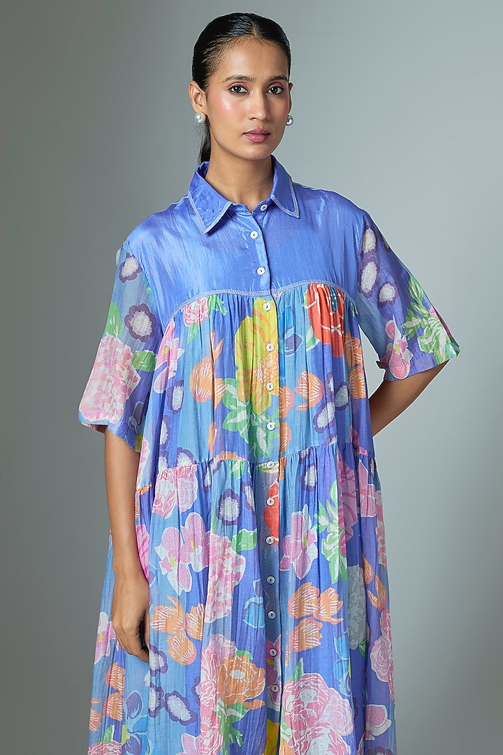 Blue Chanderi Midi Vacation Dress by Vineet Rahul at Pernia's Pop Up Shop