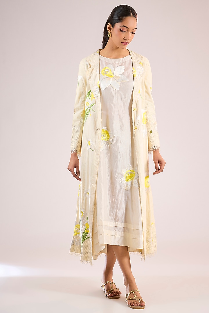 Ivory Cotton Floral Jacket by Vineet Rahul at Pernia's Pop Up Shop