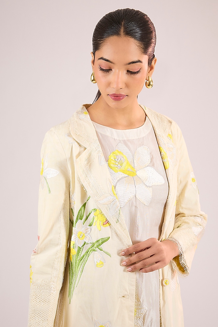 Ivory Cotton Floral Jacket by Vineet Rahul at Pernia's Pop Up Shop