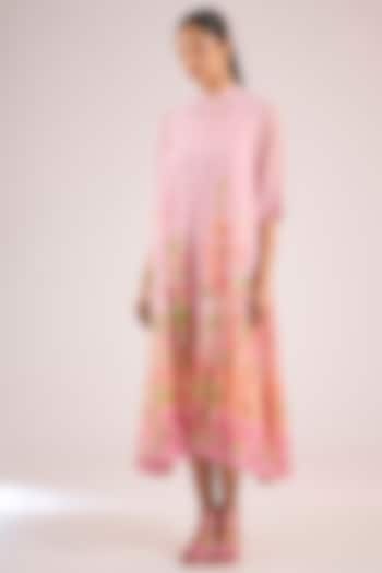 Pink Chanderi Floral Midi Vacation Dress by Vineet Rahul at Pernia's Pop Up Shop