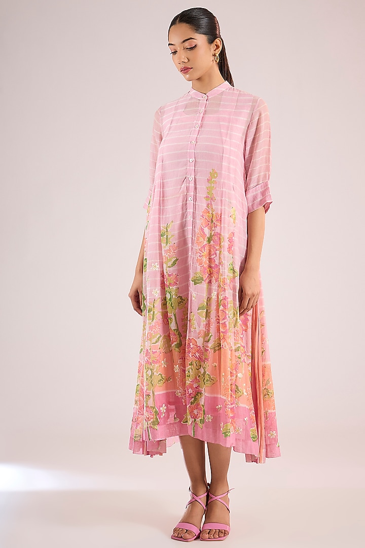 Pink Chanderi Floral Midi Vacation Dress by Vineet Rahul at Pernia's Pop Up Shop