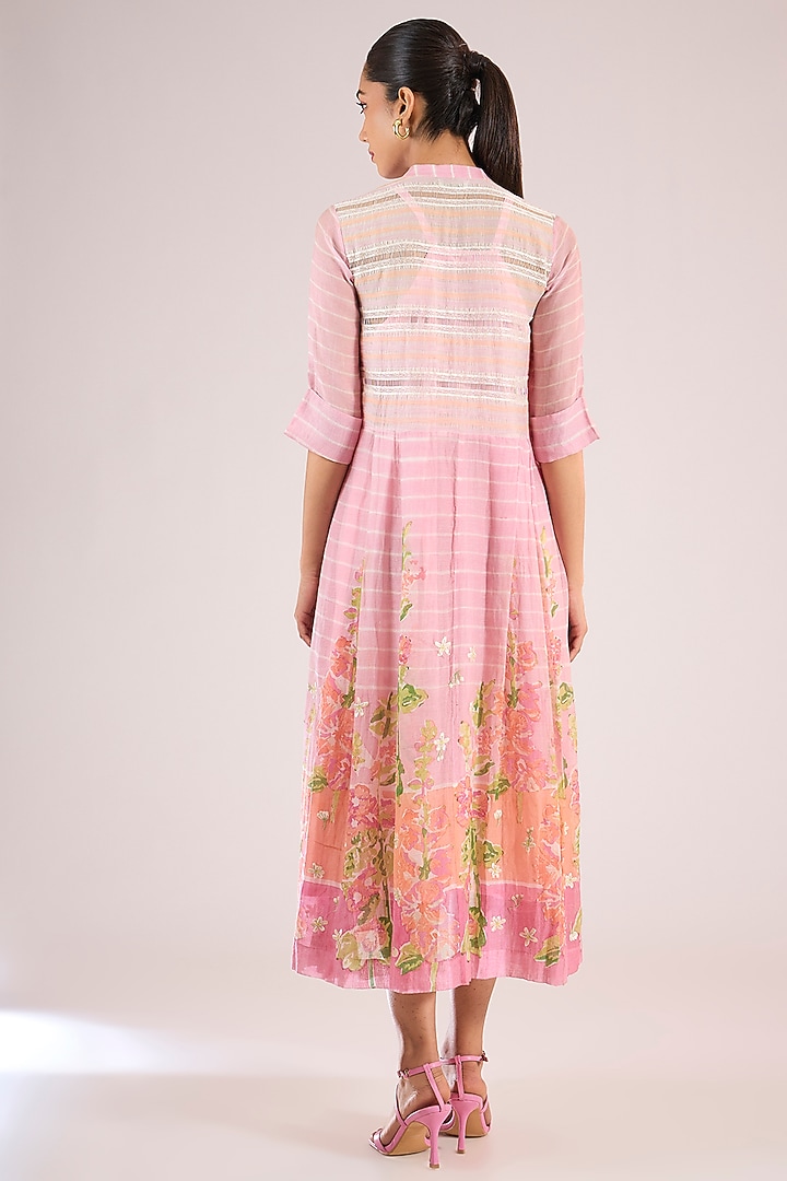 Pink Chanderi Floral Midi Vacation Dress by Vineet Rahul at Pernia's Pop Up Shop
