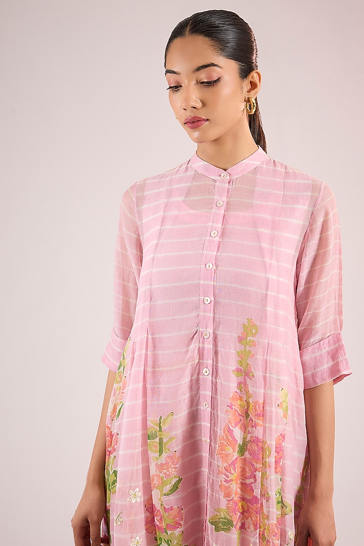 Pink Chanderi Floral Midi Vacation Dress by Vineet Rahul at Pernia's Pop Up Shop