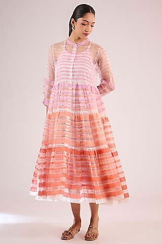 Pink Organza Floral Midi Dress by Vineet Rahul
