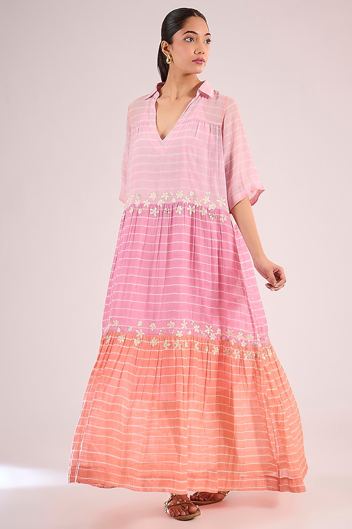 Pink Chanderi Floral Maxi Vacation Dress by Vineet Rahul at Pernia's Pop Up Shop