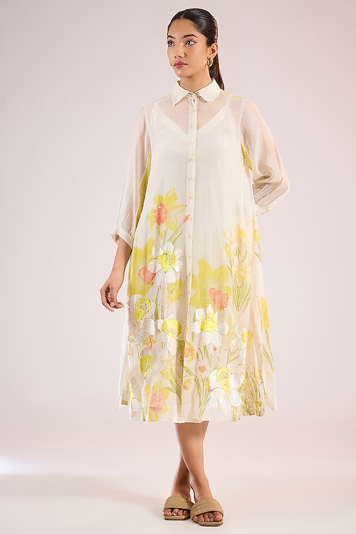 Ivory Chanderi Floral Midi Vacation Dress by Vineet Rahul at Pernia's Pop Up Shop
