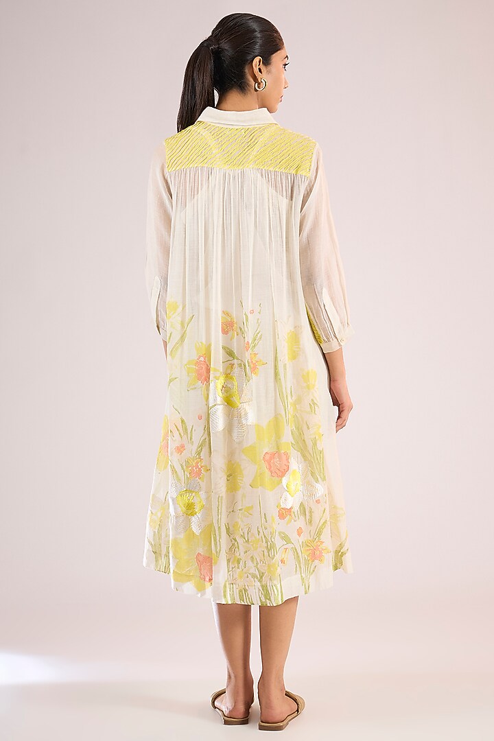 Ivory Chanderi Floral Midi Vacation Dress by Vineet Rahul at Pernia's Pop Up Shop
