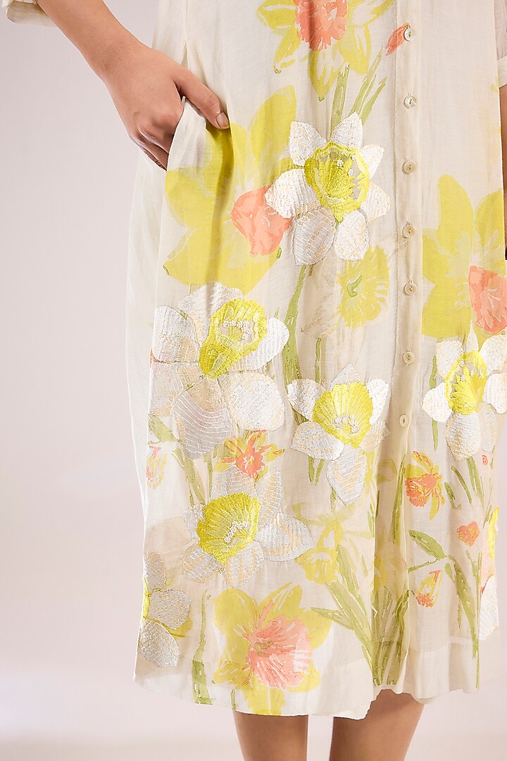 Ivory Chanderi Floral Midi Vacation Dress by Vineet Rahul at Pernia's Pop Up Shop