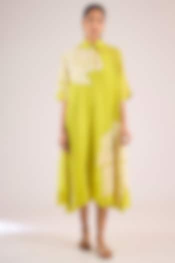 Yellow Chanderi Floral Midi Vacation Dress by Vineet Rahul at Pernia's Pop Up Shop