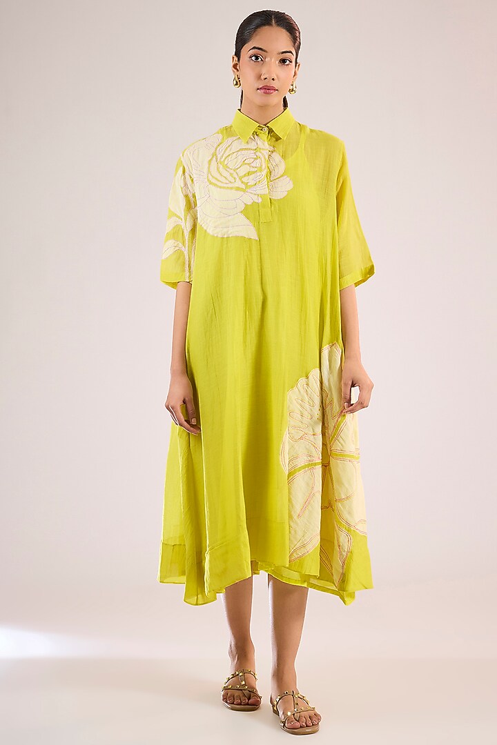 Yellow Chanderi Floral Midi Vacation Dress by Vineet Rahul at Pernia's Pop Up Shop