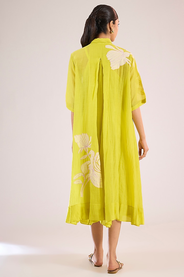 Yellow Chanderi Floral Midi Vacation Dress by Vineet Rahul at Pernia's Pop Up Shop