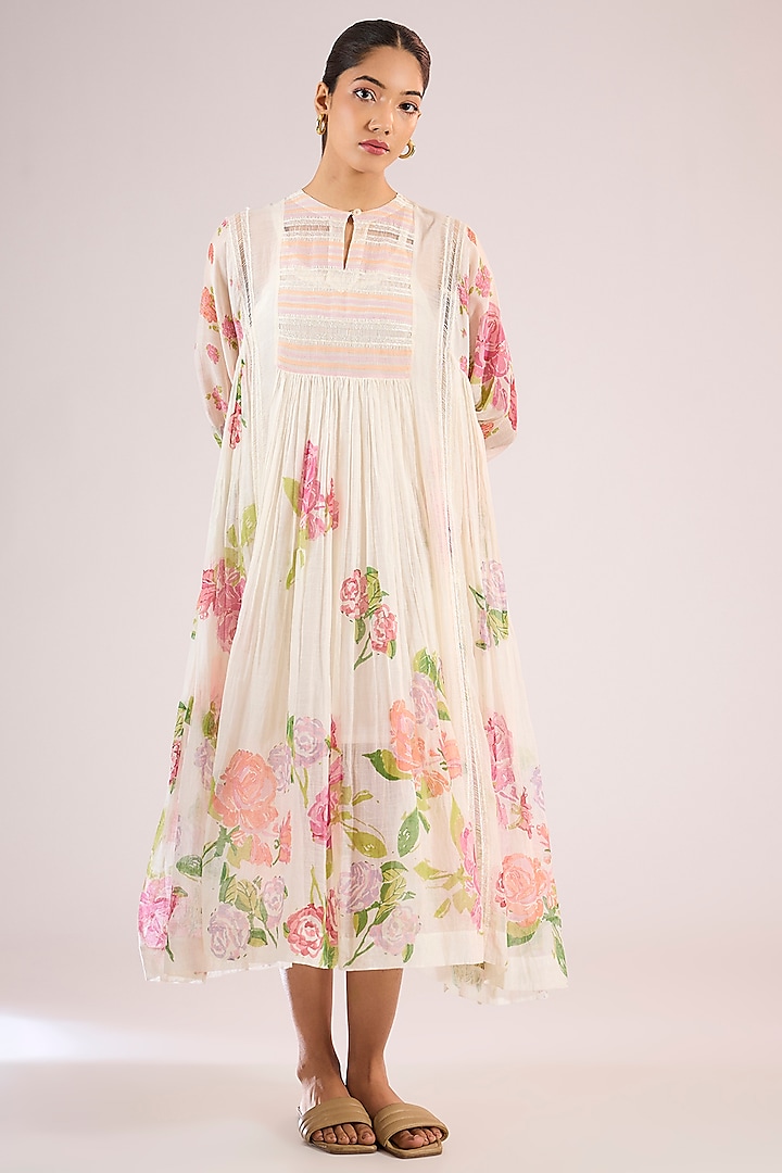Ivory Chanderi Floral Midi Vacation Dress by Vineet Rahul at Pernia's Pop Up Shop