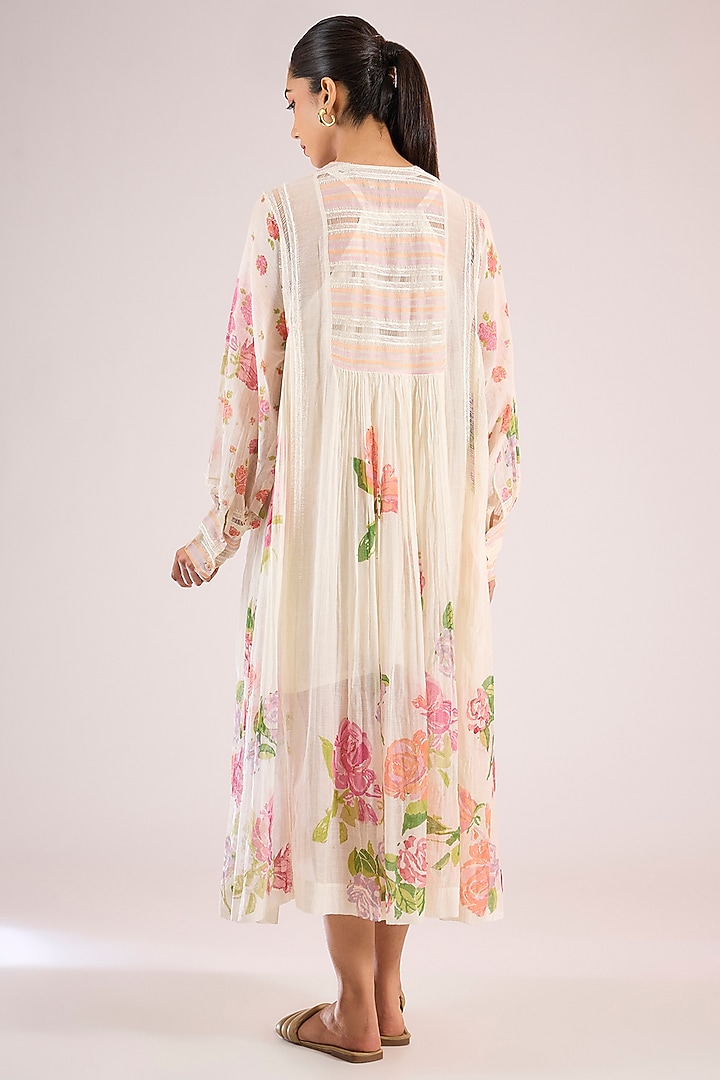 Ivory Chanderi Floral Midi Vacation Dress by Vineet Rahul at Pernia's Pop Up Shop
