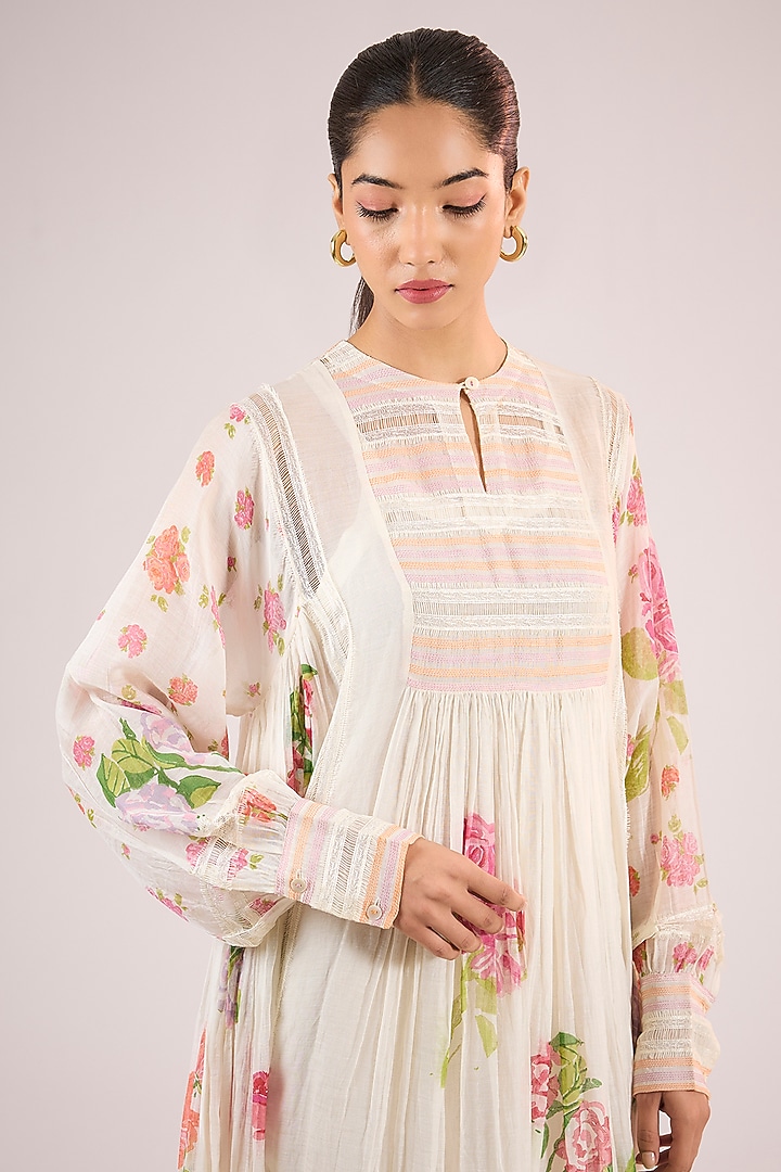 Ivory Chanderi Floral Midi Vacation Dress by Vineet Rahul at Pernia's Pop Up Shop